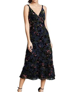 WAYF Sedona Bias Velvet Floral Midi Dress in Navy Blue  SZ S